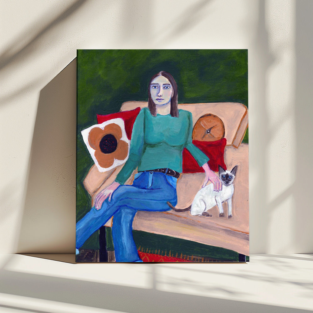 Lady sitting with Siamese Cat | Canvas