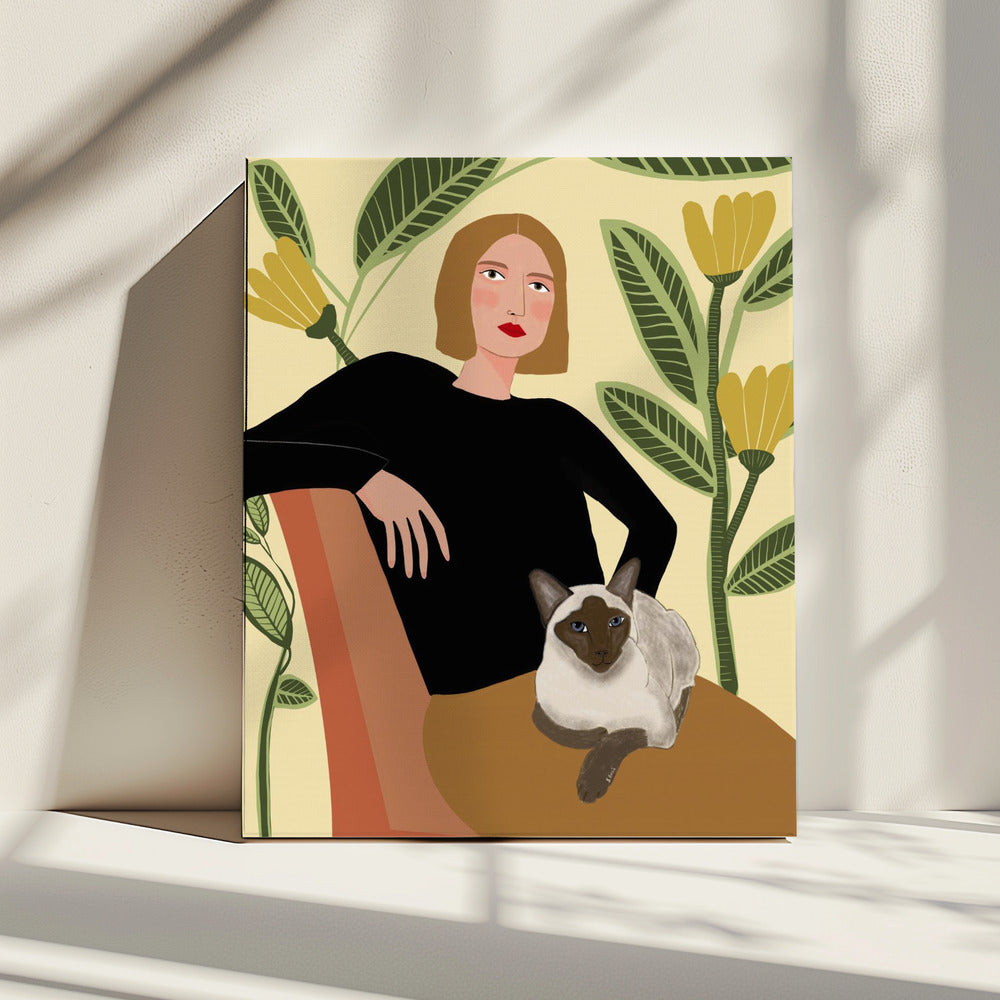 Lady with plants and cat | Canvas