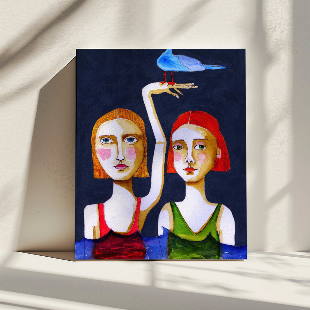 Swimming Girls with Blue Seagul. | Canvas