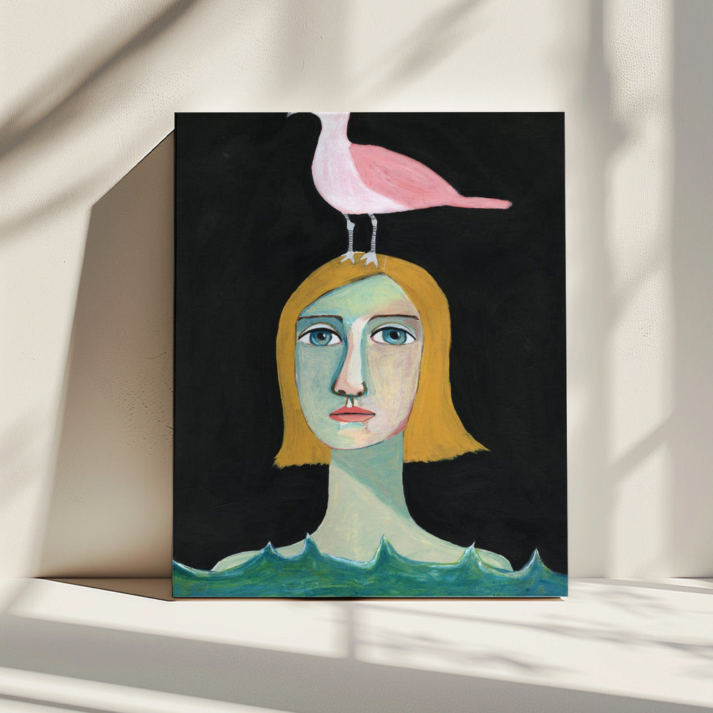 Swimming Girl with Pink Seagull | Canvas