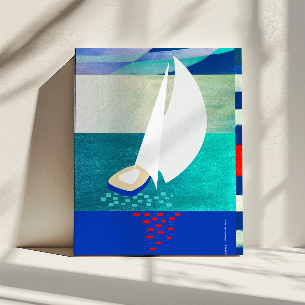White Sailboat With Reflections, Abstract Sea Art With Graphic Stripes | Canvas