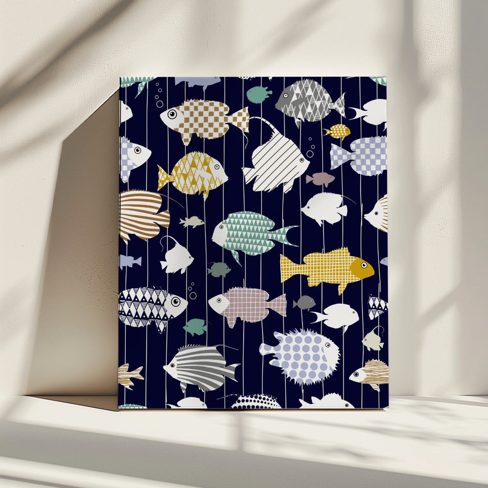 Fresh fish on dark navy blue pattern | Canvas