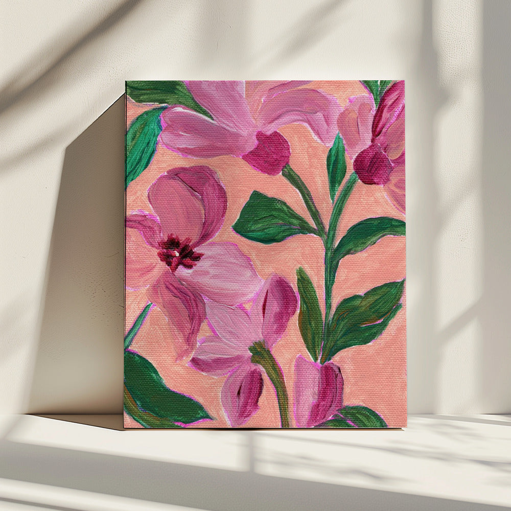 Pink Flowers With Bold Green Leaves | Canvas