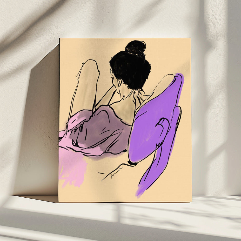Reclining Woman Draped in Fluid Purple and Pink Tones | Canvas