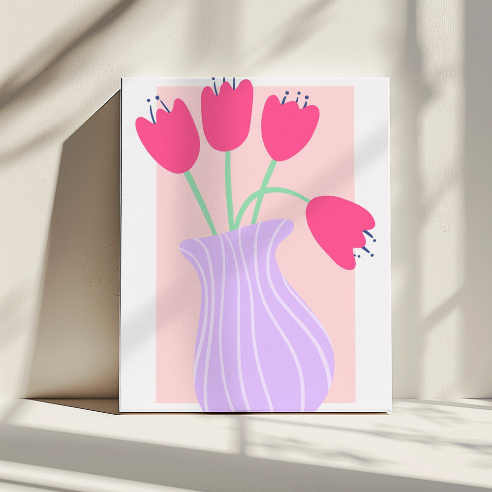 Vibrant Tulips in a Striped Lavender Vase | Canvas