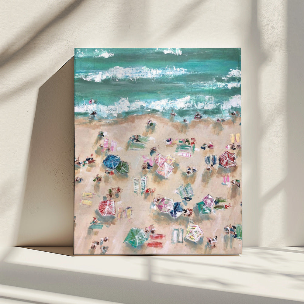 Colorful Umbrellas and Sunbathers on a Sandy Shore | Canvas