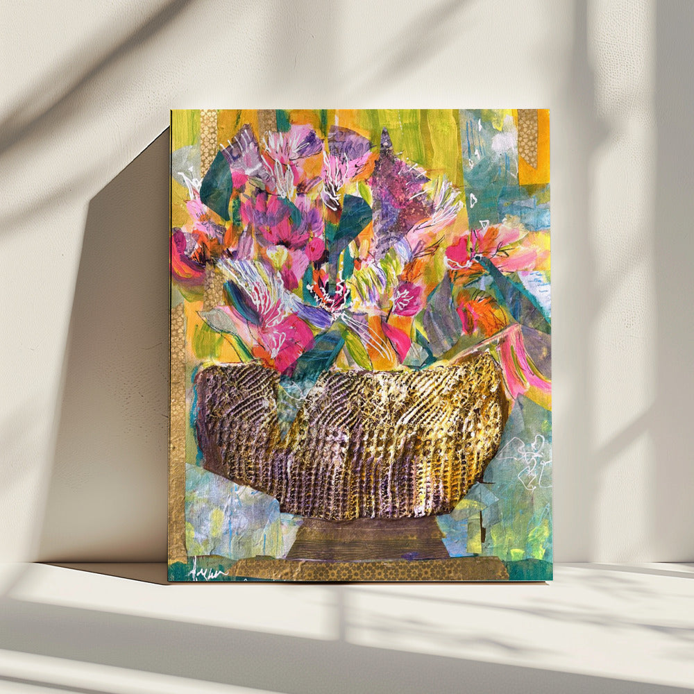 Golden Basket with Colorful Flowers | Canvas