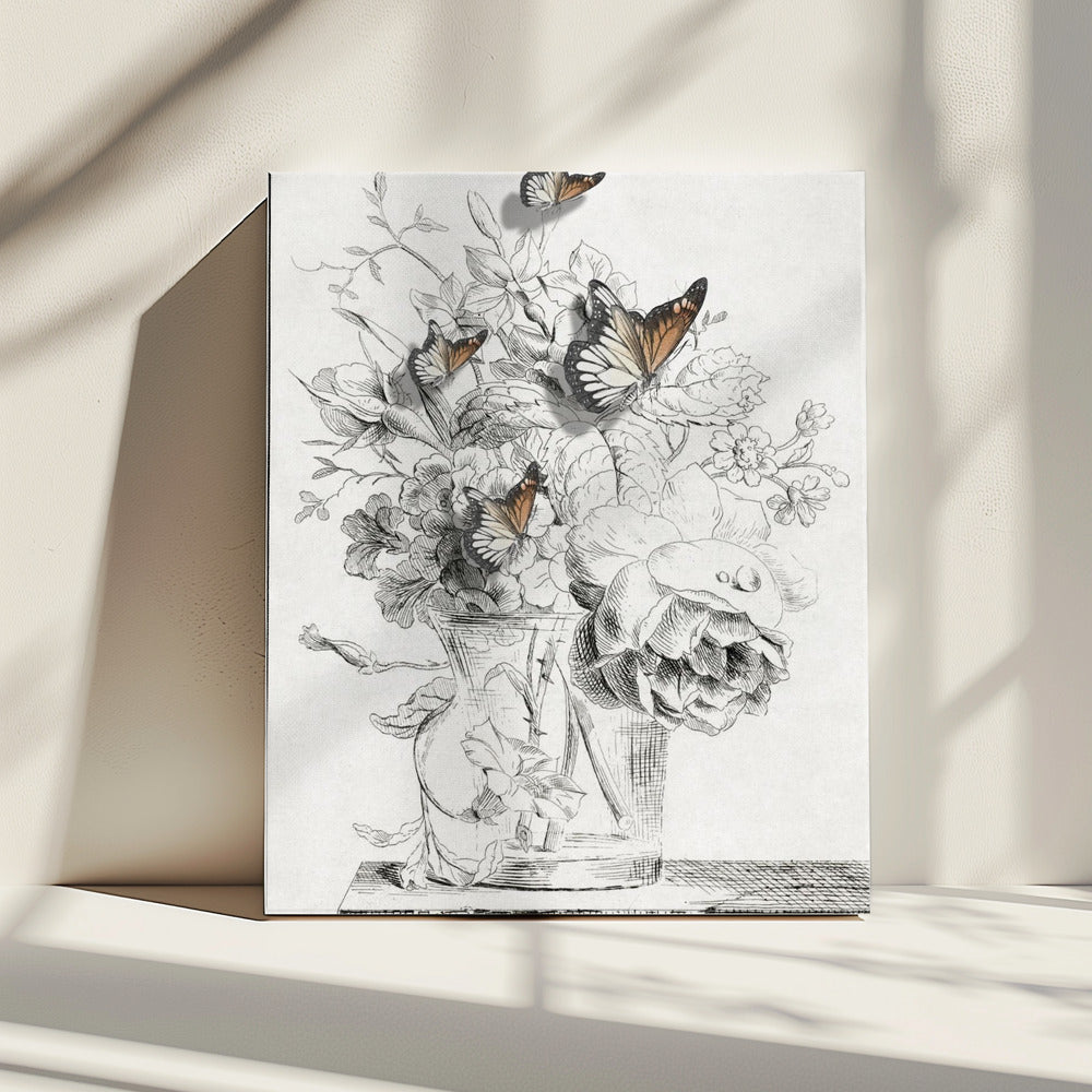 The Butterflies &amp; The Vase With Flowers | Canvas