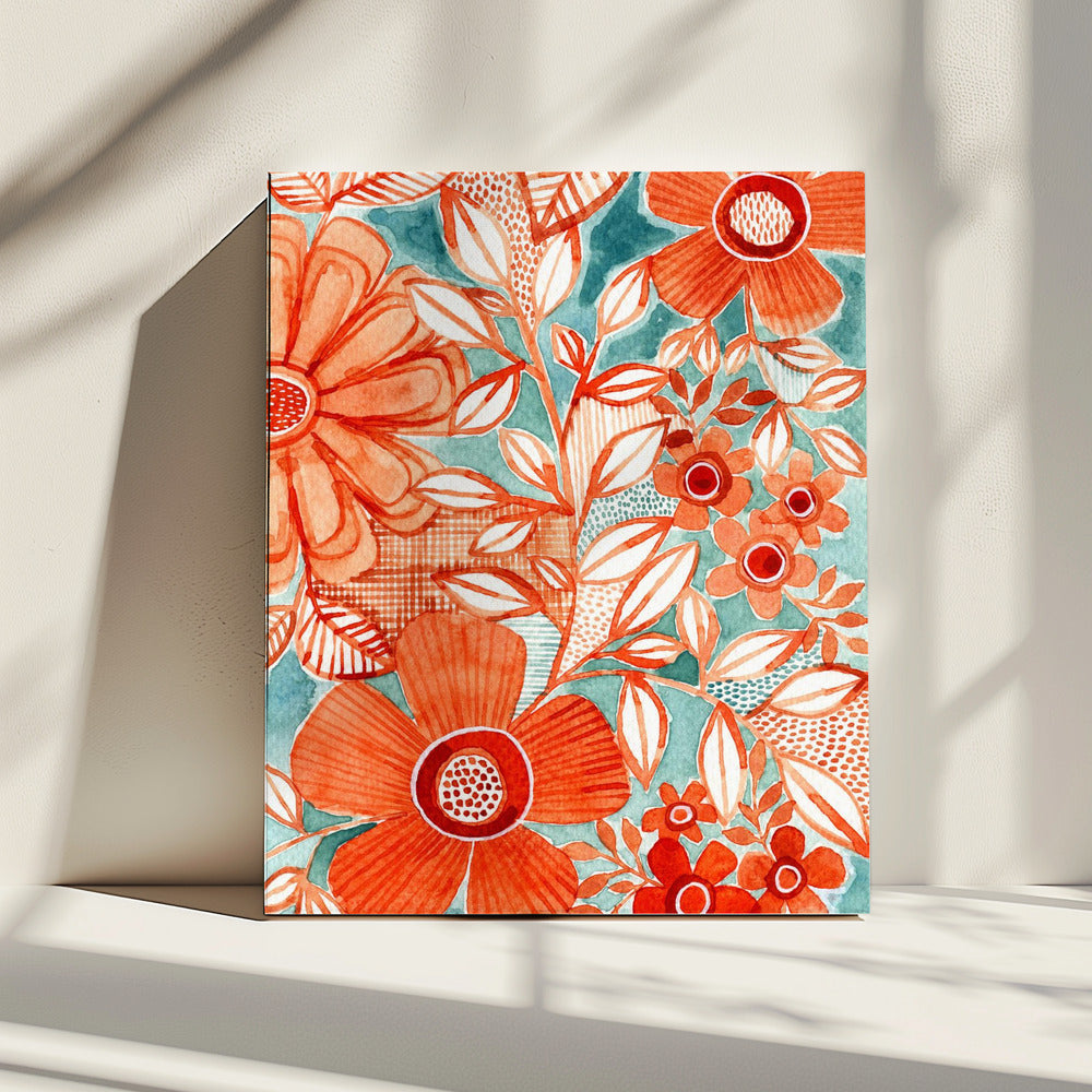 Red Daisies With Aqua | Canvas