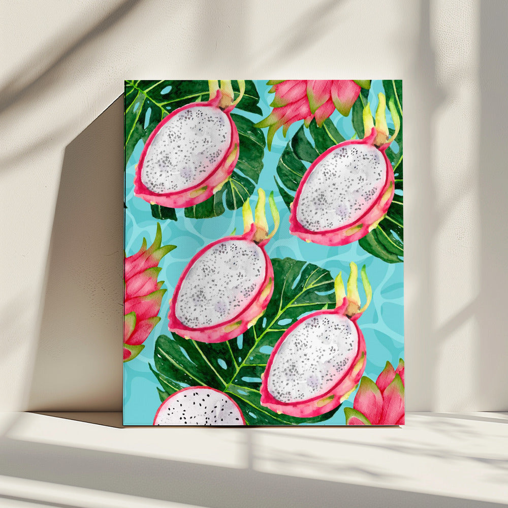 Vibrant Dragon Fruit &amp; Monstera Leaves Aesthetic Pattern - Exotic Tropical watercolor | Canvas