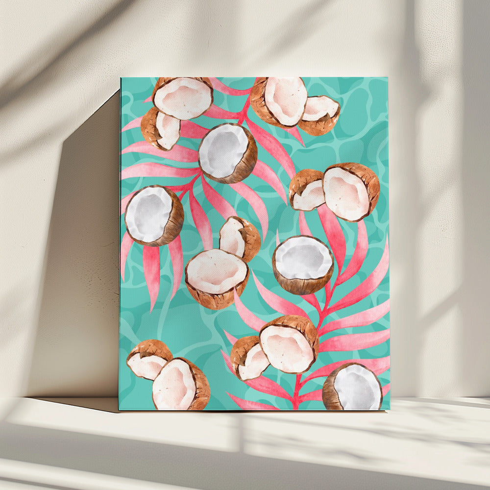 Pink Tropical Coconut &amp; Palm Leaves Aesthetic Pattern - Modern watercolor | Canvas