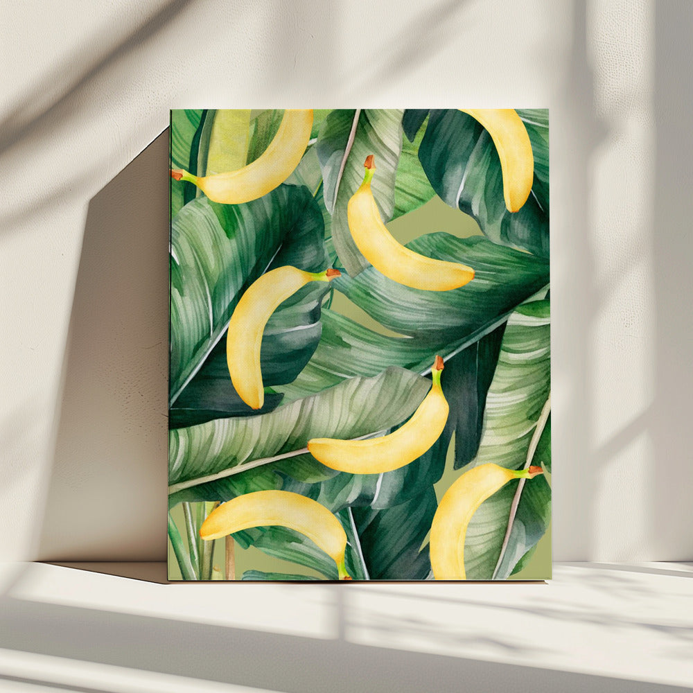 Fresh Banana &amp; Lush Tropical Leaves Aesthetic Pattern - Natural Watercolor Design | Canvas