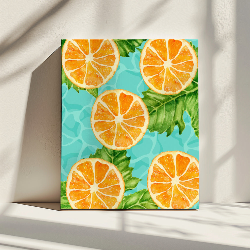 Vibrant Aesthetic Pattern of Orange Slices and Leaves - Refreshing Summer Watercolor | Canvas