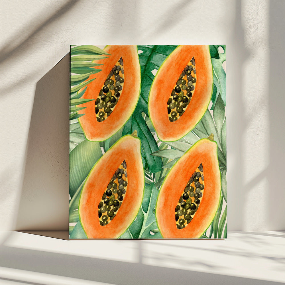 Exotic Papaya and Lush Green Leaves Aesthetic Pattern - Tropical Botanical Watercolor | Canvas