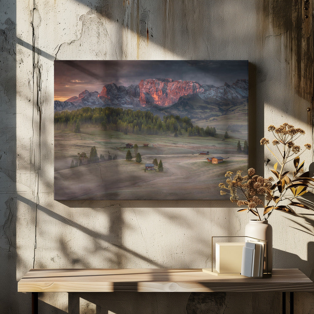 Burning mountains over the frozen valley | Canvas