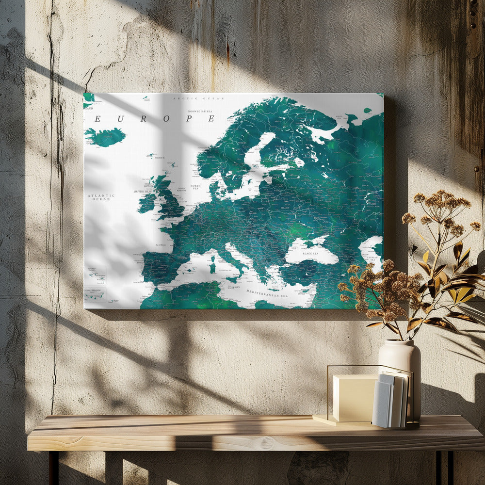 Teal detailed map of Europe | Canvas
