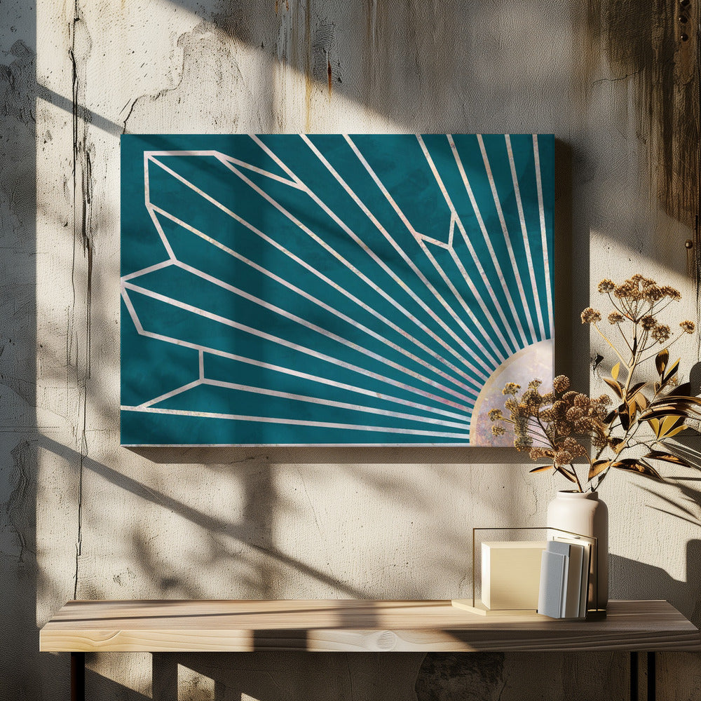 Gold geometric sun rays mural turquoise | Canvas