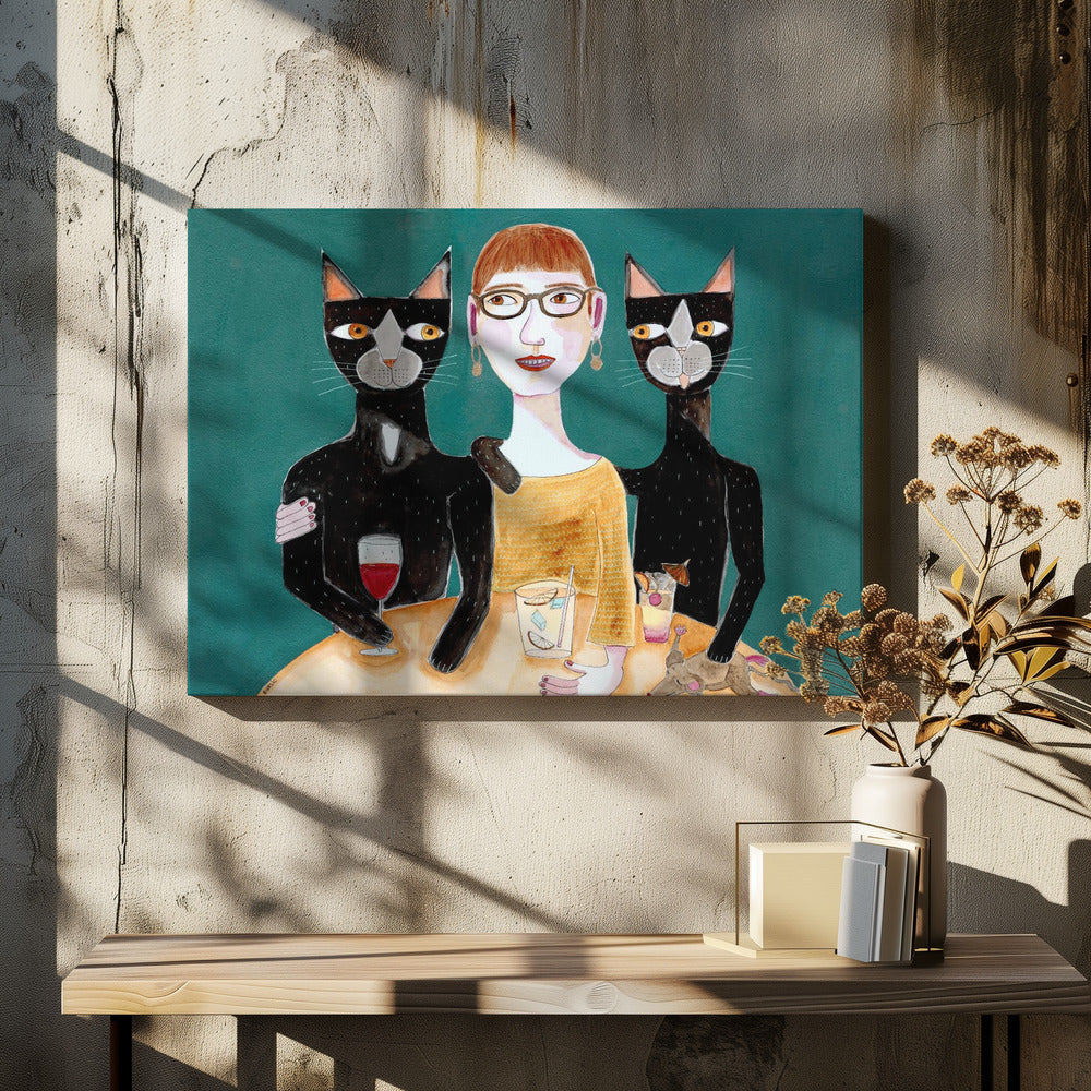 Lady with her two black cats having drinks | Canvas