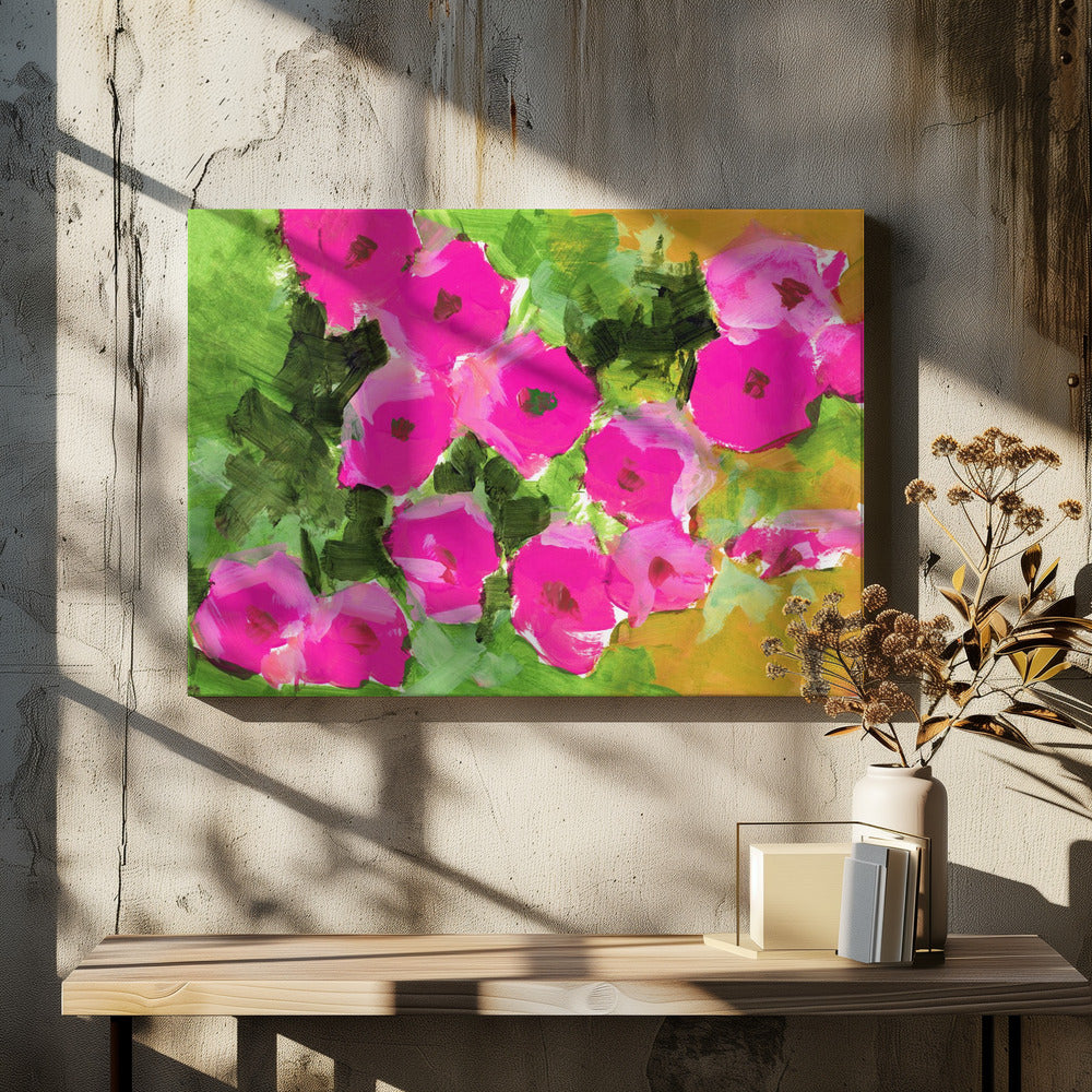 Vibrant Pink Flowers And Lush Green Leaves | Canvas