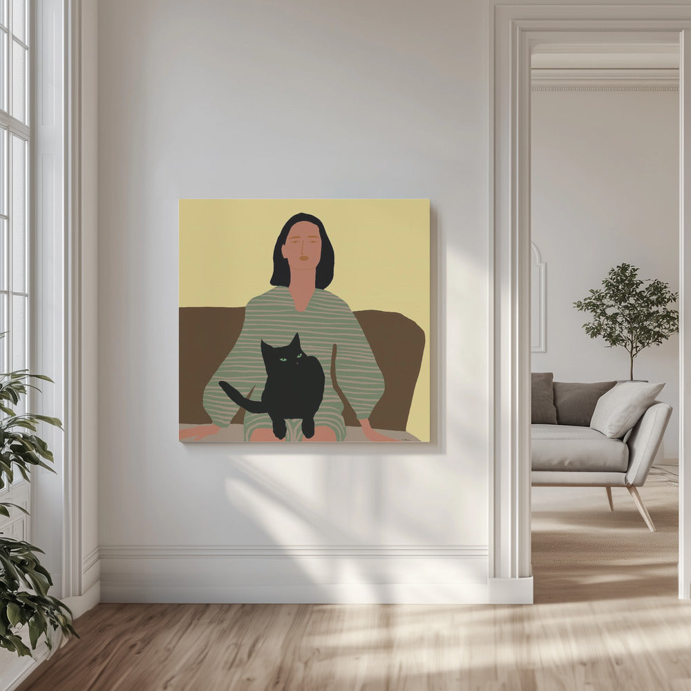 Lady sitting with black cat. | Canvas