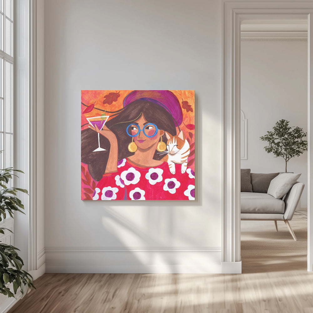 Modern Autumn portrait Woman with Cat | Canvas