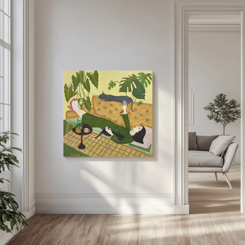 Cat Lady on Couch having a date | Canvas