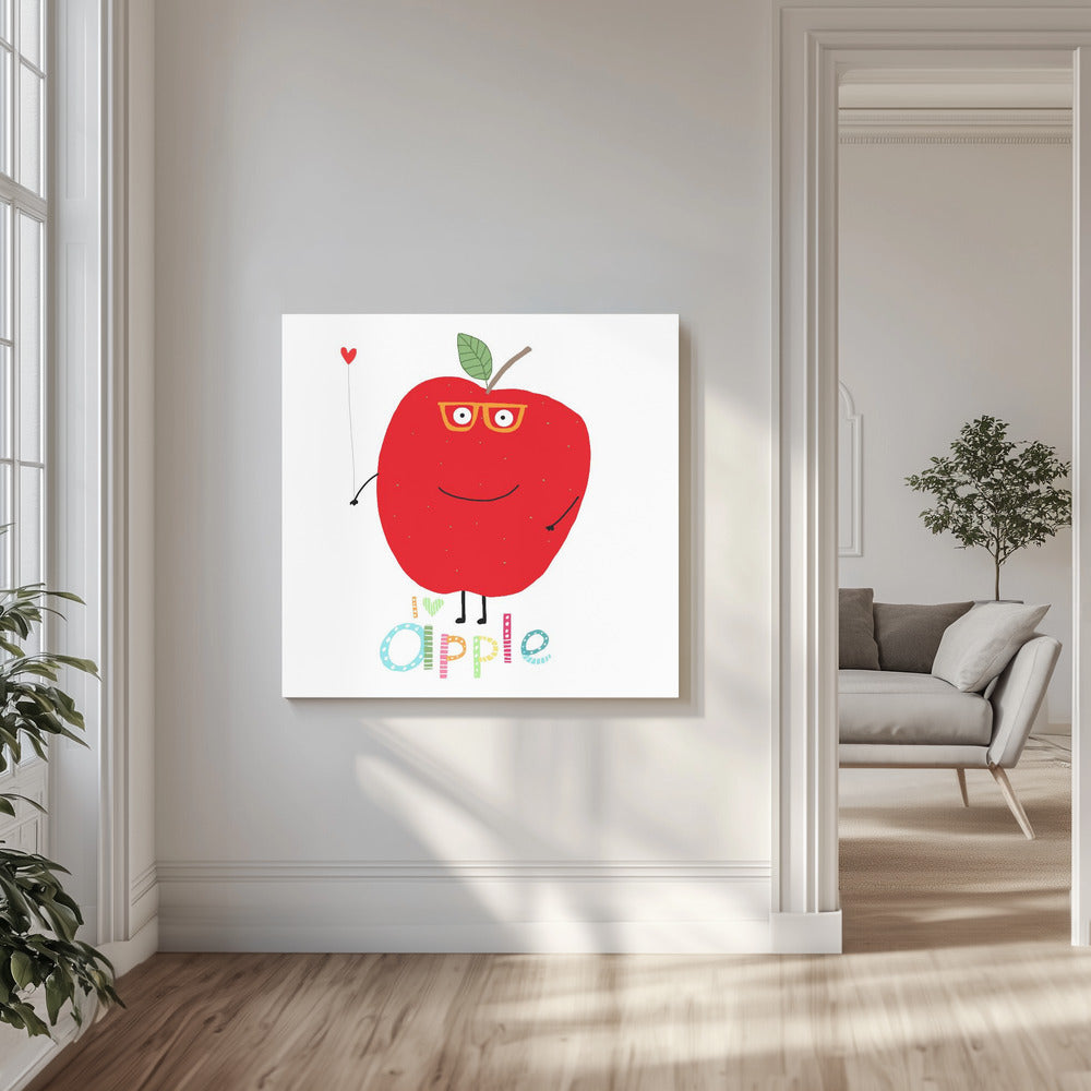 I Love Apple! Happy Apple Holding a Love Heart. | Canvas