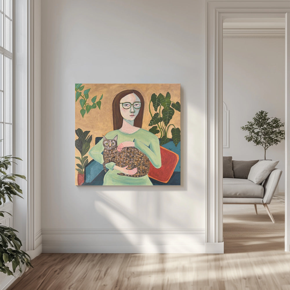 Lady with her Cat in Loungeroom | Canvas