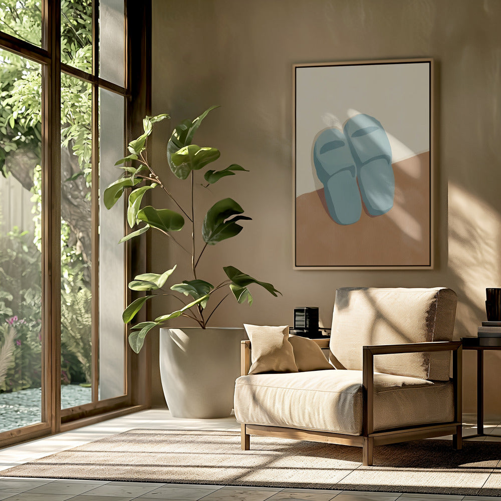 Blue Slippers On A Brown And Beige Background | Poster