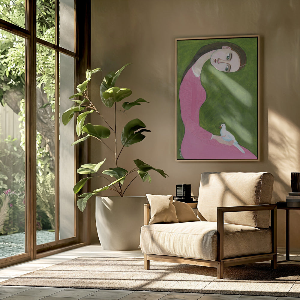 Girl with Dove sitting with pink dress | Poster