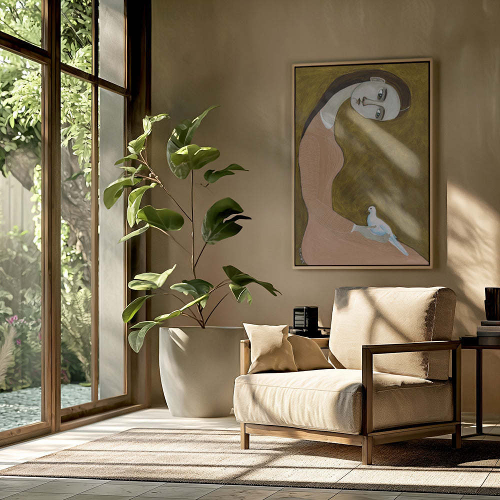 Girl with Dove sitting with pink dress | Poster