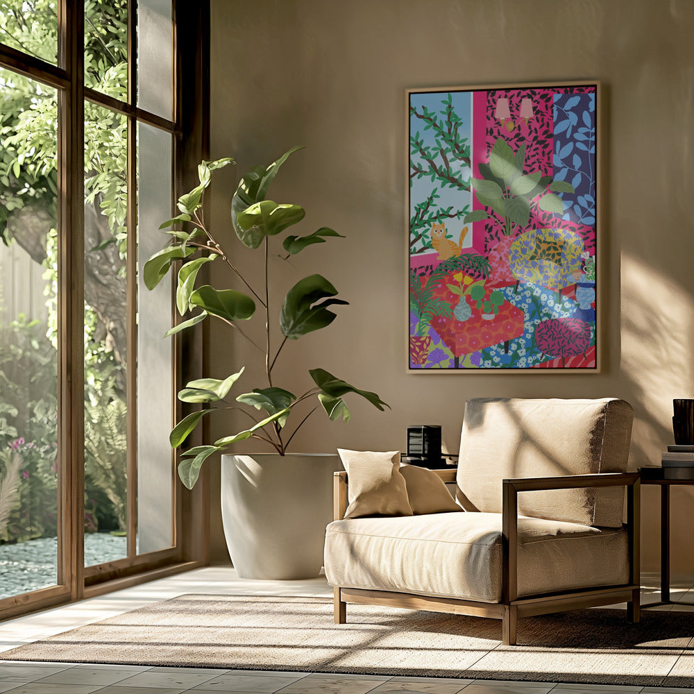 Cat in Flower Power Livingroom | Poster