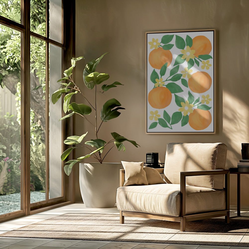 Oranges with Green Leaves and Delicate Yellow Flowers | Poster