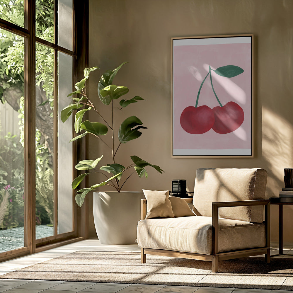 Red Cherries with a Green Leaf | Poster