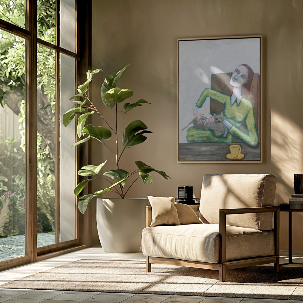 Lady tickling grey cat in chair | Poster