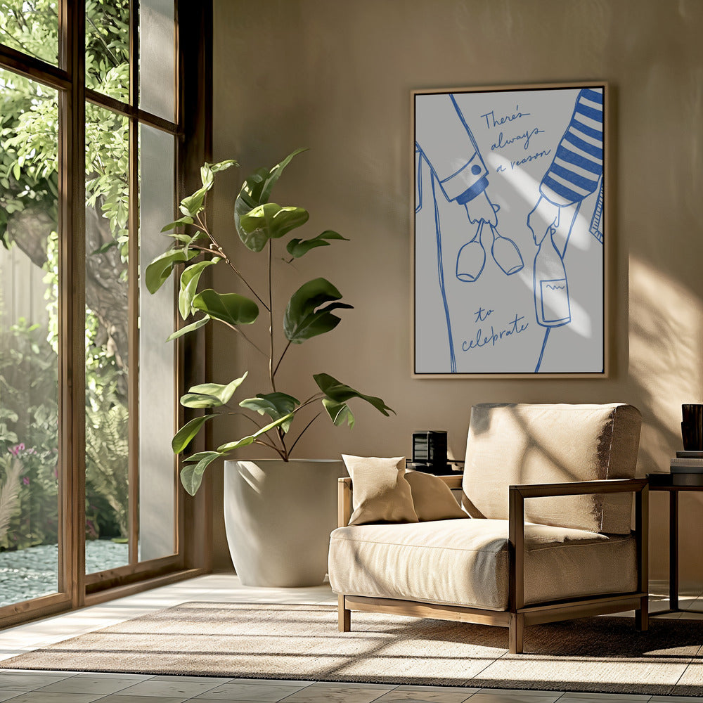 Woman holding wine bottle and wine glass (Blue) - Wine Vin Femme Bleu | Poster