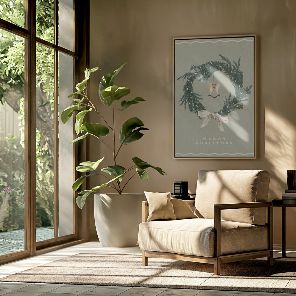 Horses toy on Christmas wreath with bow | Poster