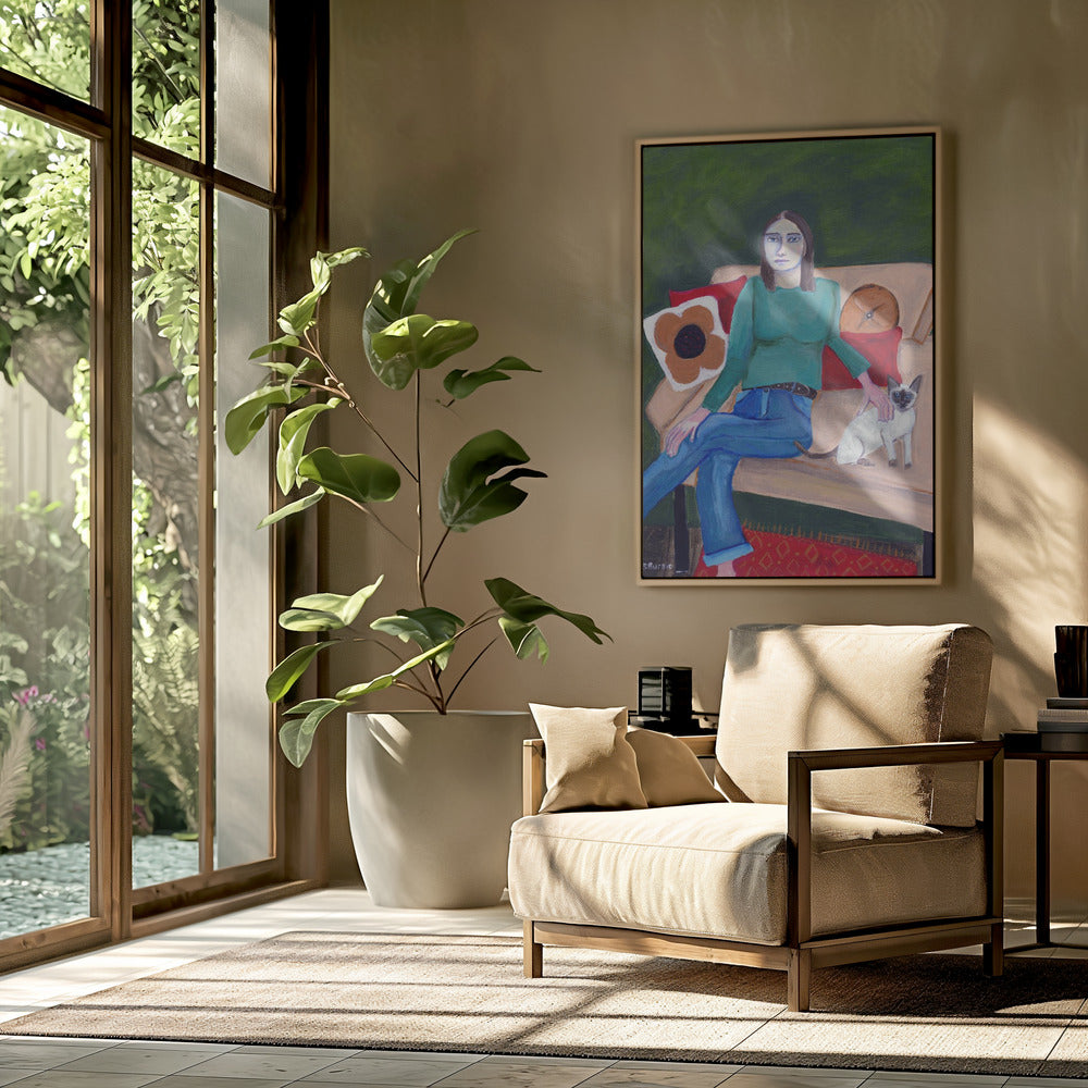 Lady sitting with Siamese Cat | Poster