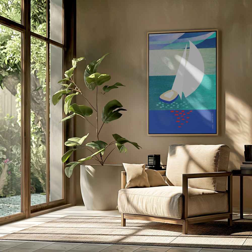 White Sailboat With Reflections, Abstract Sea Art With Graphic Stripes | Poster