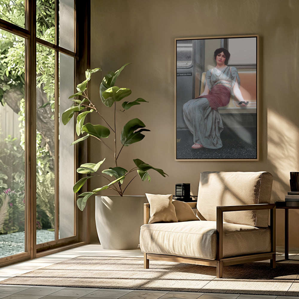 A Woman in Ancient Attire Seated in a Subway | Poster