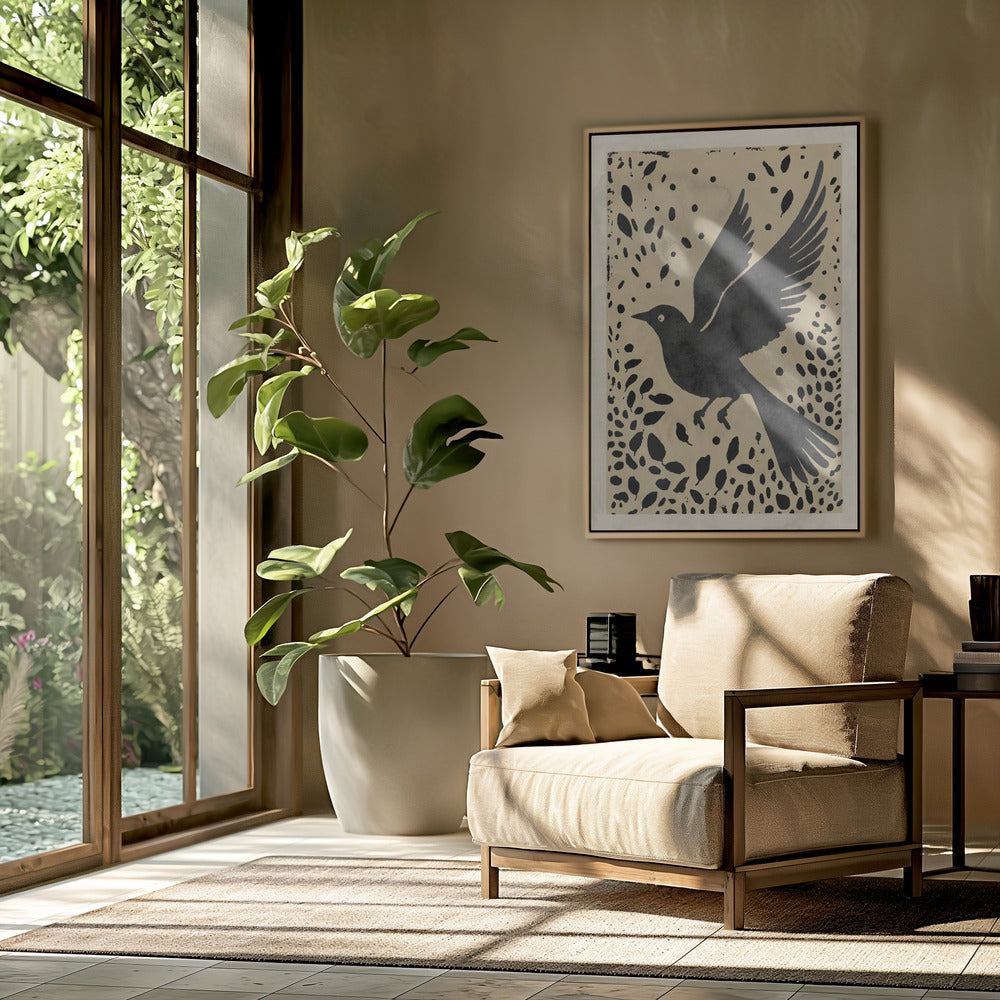 Bird In Flight Surrounded By Scattered Leaves | Poster