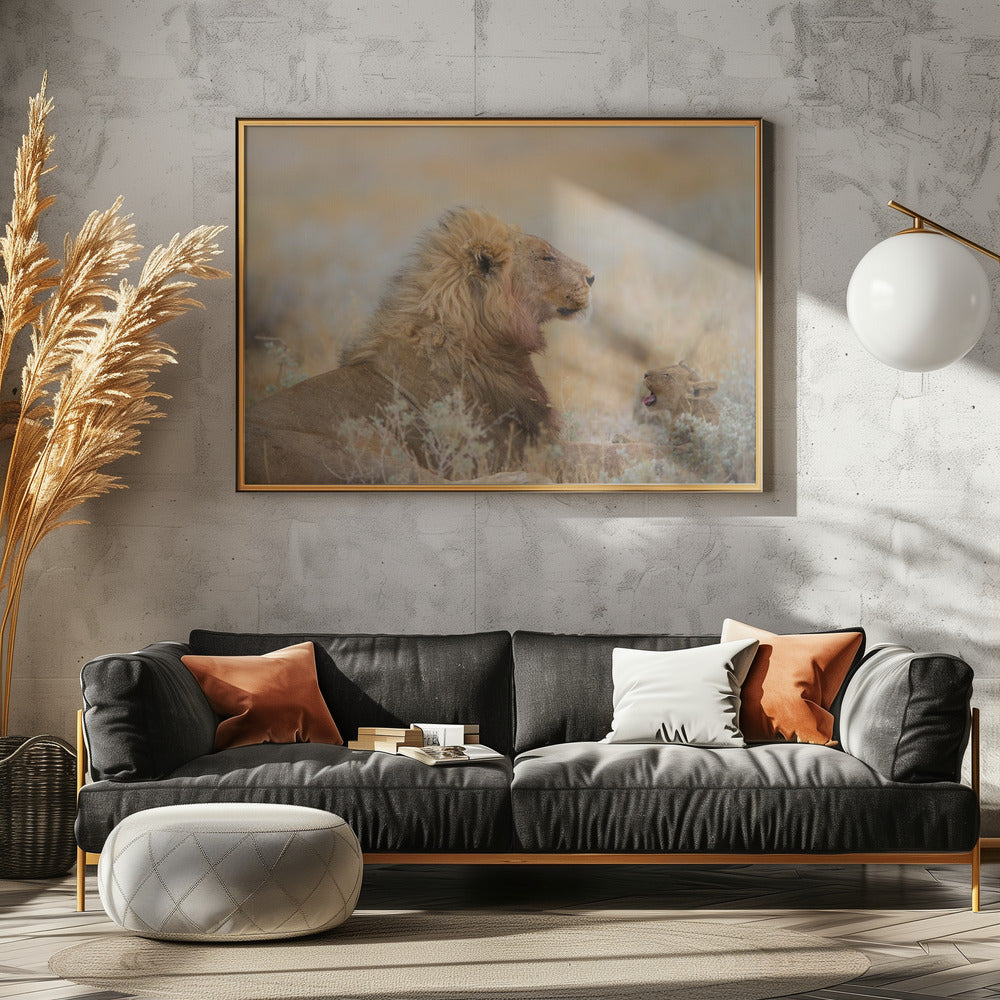 Male lion with cub | Canvas