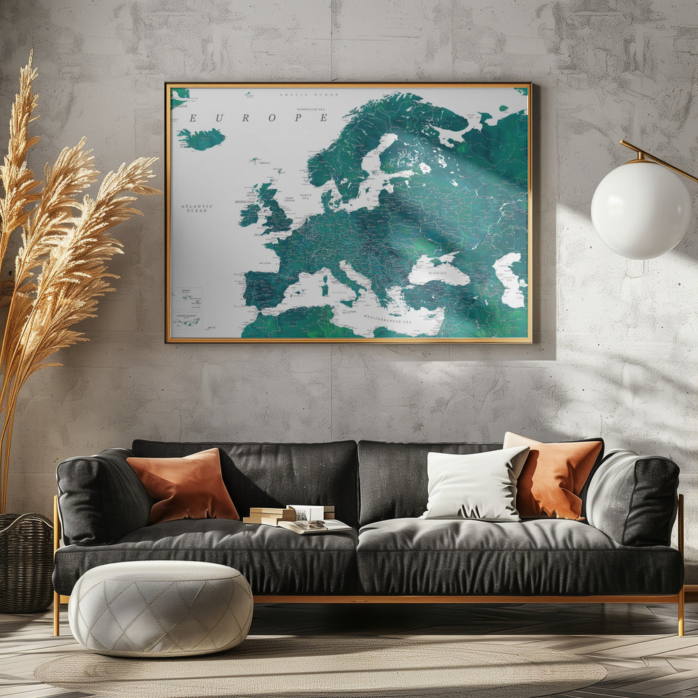 Teal detailed map of Europe | Poster