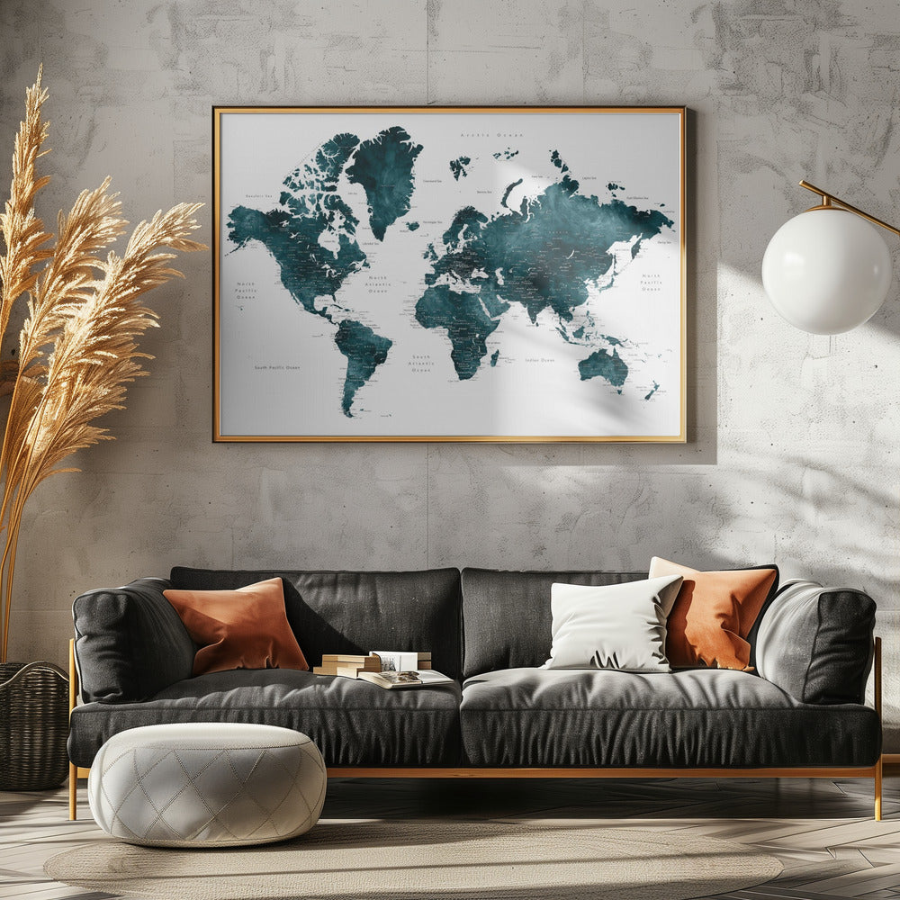 Dark teal world map with cities, Makani | Poster