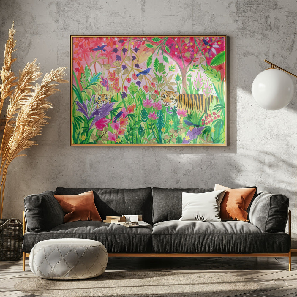 Jungle Painting With Lush Foliage And Exotic Animals | Poster