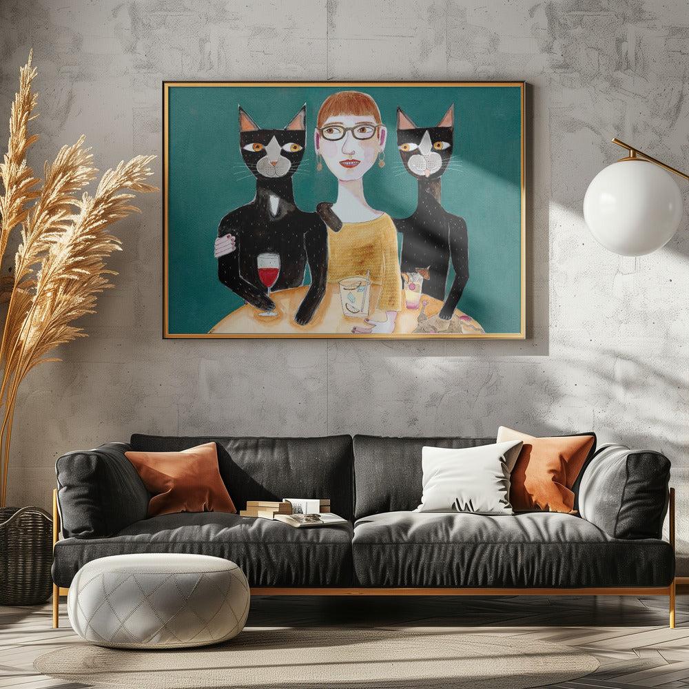 Lady with her two black cats having drinks | Canvas