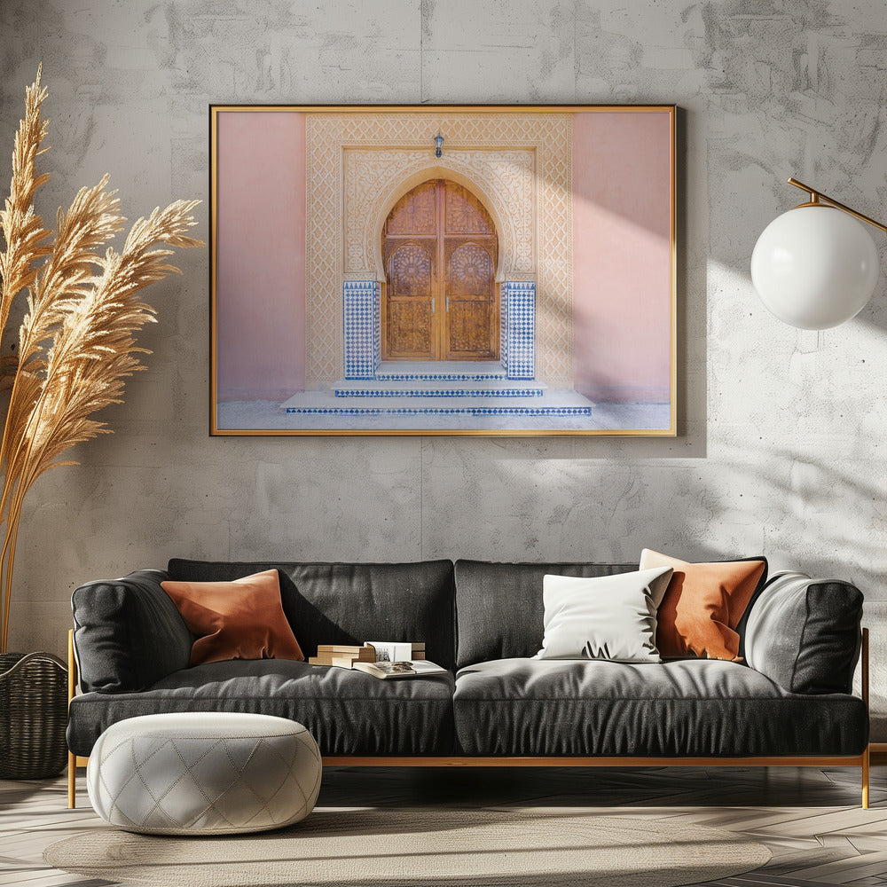 Brown door, blue tiles, pink wall in Morocco | Canvas