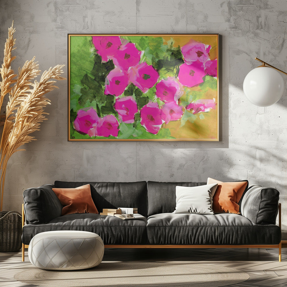 Vibrant Pink Flowers And Lush Green Leaves | Canvas