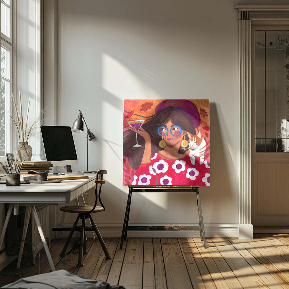 Modern Autumn portrait Woman with Cat | Canvas