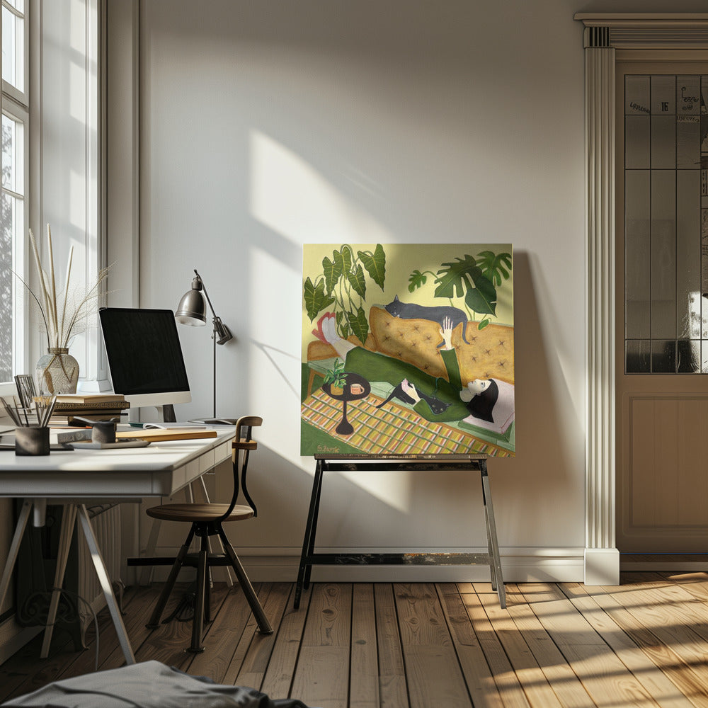 Cat Lady on Couch having a date | Canvas